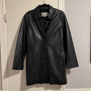 Nine West 100% genuine leather black Y2K long coat button up trench M